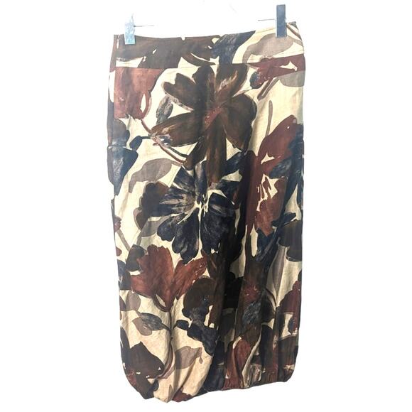 Krizia Vintage Y2K  Midi Skirt Linen Brown Floral Elastic Bubble Hem Size 40 - Picture 2 of 10